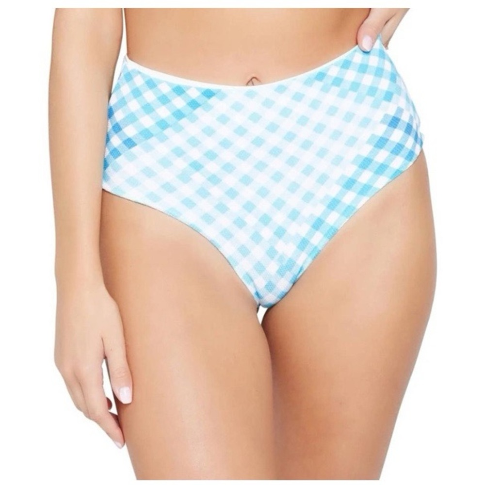 L*Space Blue & White Gingham High-Waisted Portia Bikini Bottom, NWT